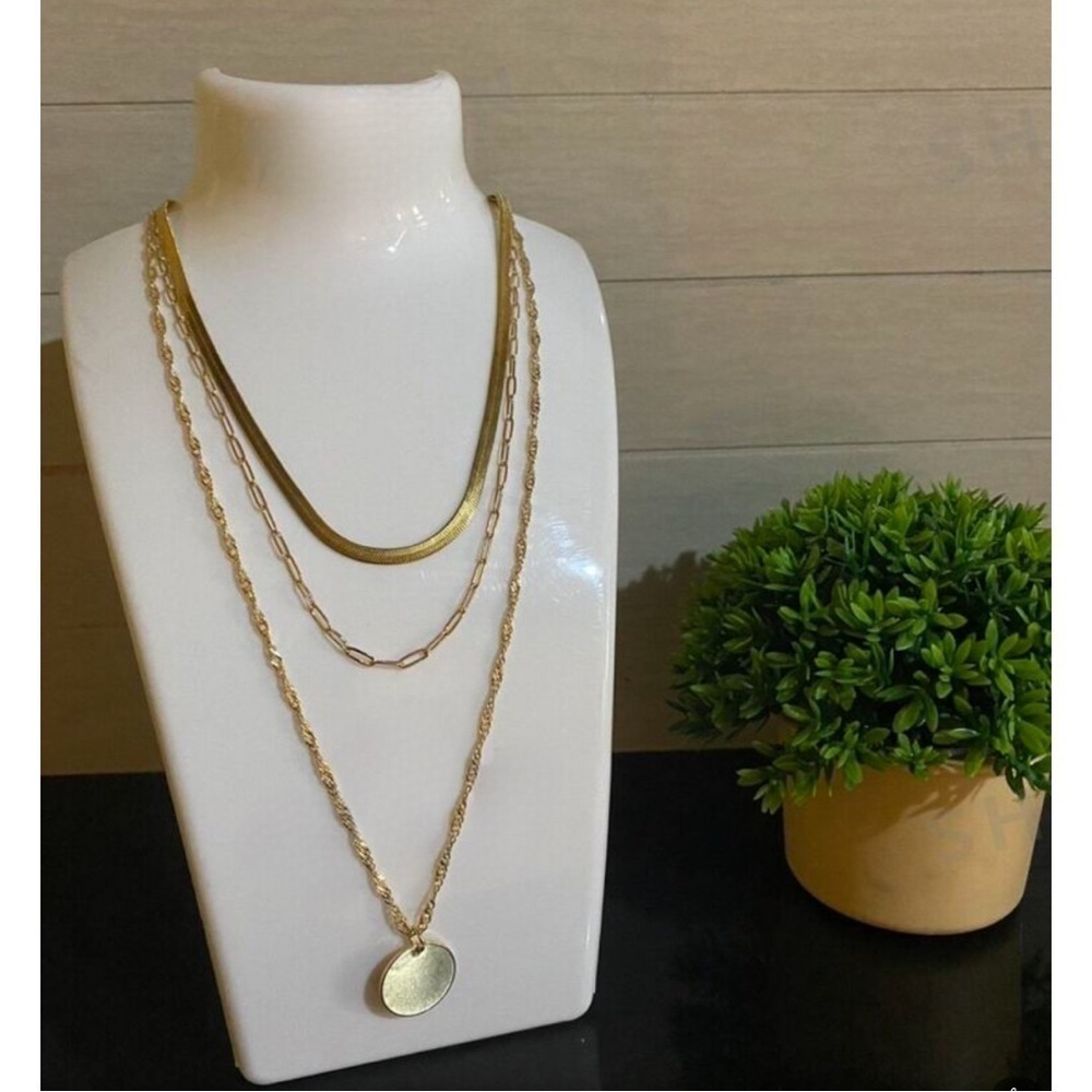 - 3pcs Stainless Steel Textured Flat Blade Chain Layered Necklace Set NEW